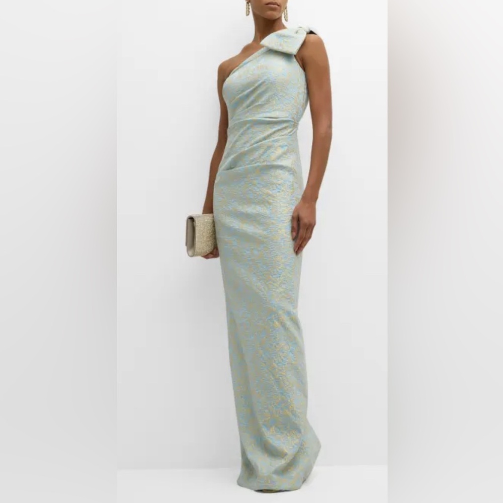 Rickie Freeman Teri Jon Ruffle One-Shoulder Bow ShimmerDraped Column Gown 8 MOB